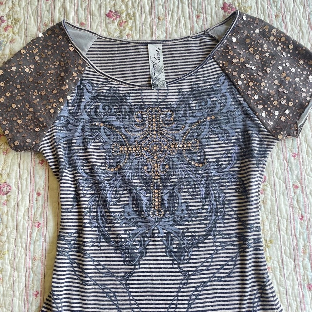 Y2K Angels and Diamonds navy blue and white striped sequins top - Picture 2 of 5